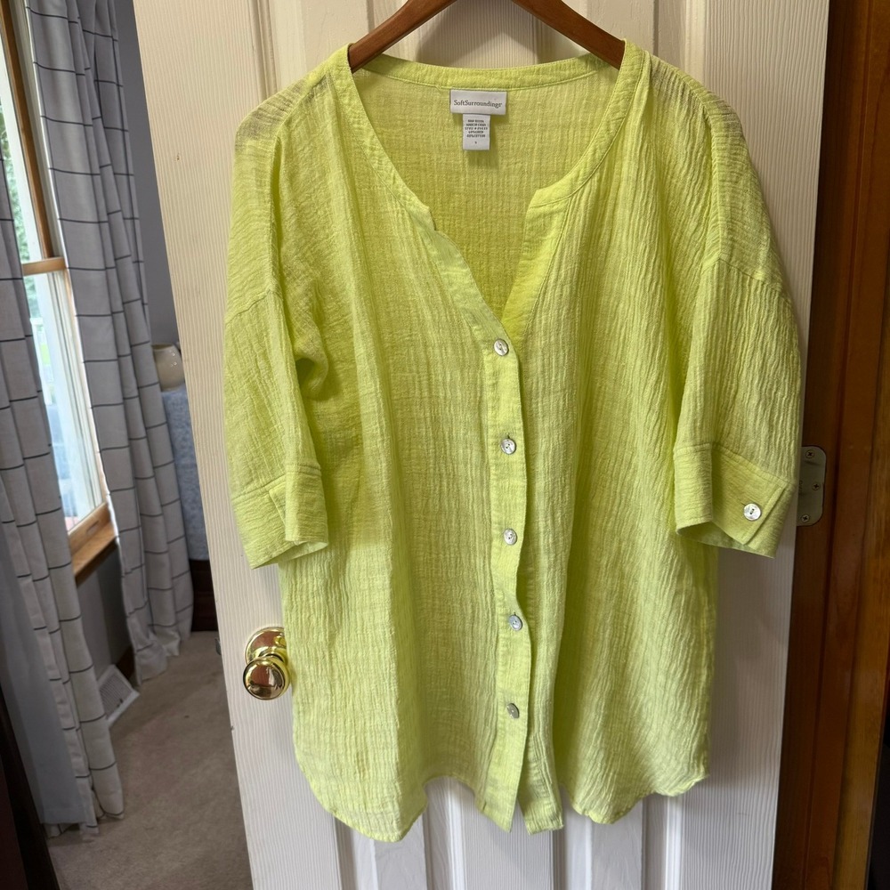 Soft Surroundings Crinkle Gauze Linen Blend Button Down Tunic Top MoP